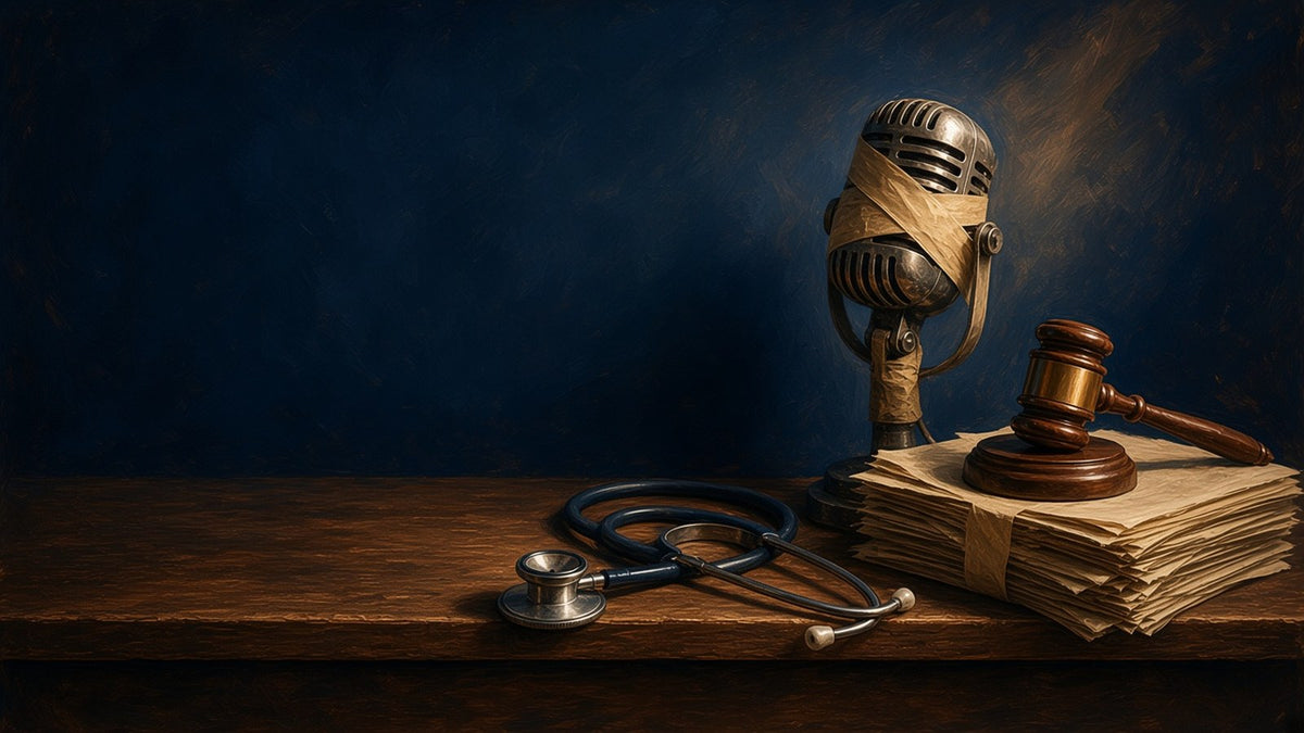A stethoscope on a wooden desk beside a microphone bound in tape and a gavel resting on a stack of papers, symbolising silenced professionals
