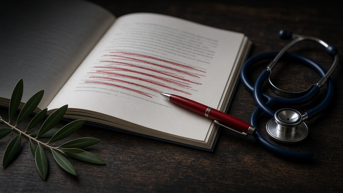 An open book with lines struck through in red pen, a red pen, a stethoscope and an olive sprig on a dark desk, symbolising a flawed definition and healthcare