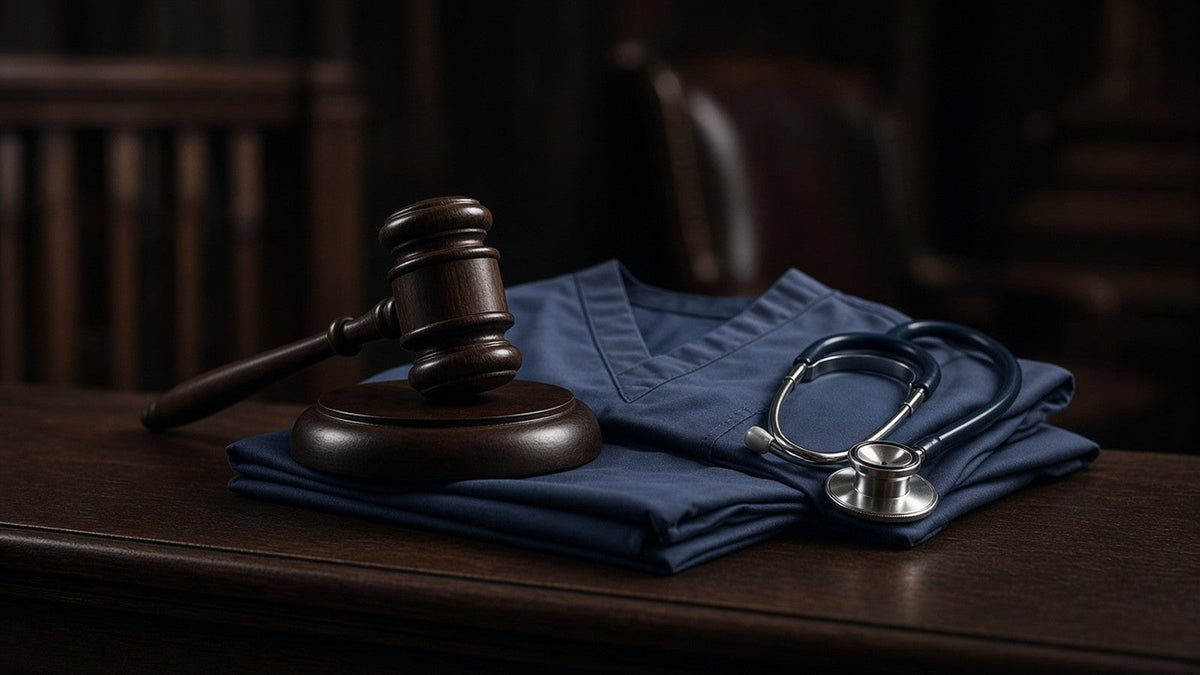 A judge's gavel resting on folded blue medical scrubs and a stethoscope in a dimly lit courtroom