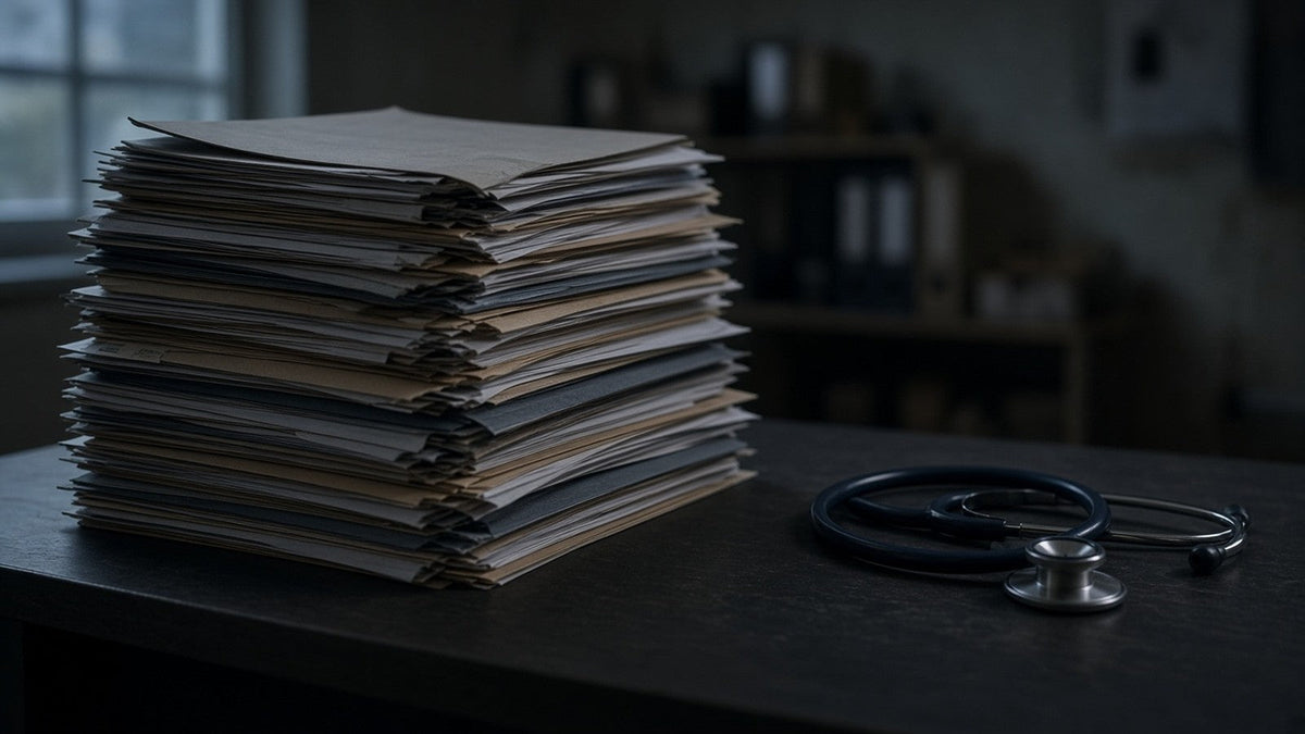 A tall stack of complaint files on a dark desk beside a stethoscope