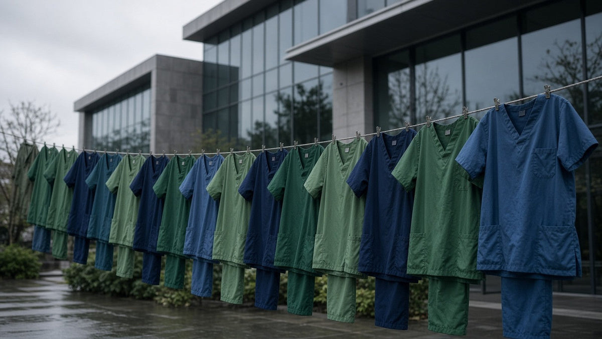 A line of empty green and blue medical scrubs hanging outside a modern conference building