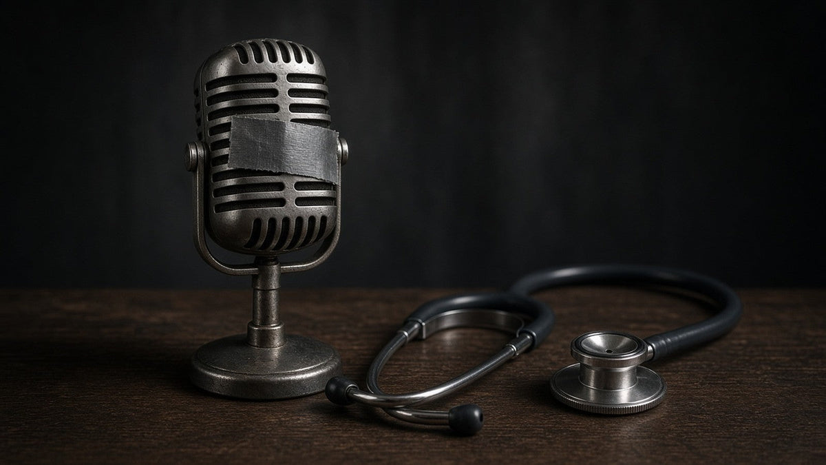 A vintage microphone taped over beside a stethoscope, symbolising silenced healthcare workers