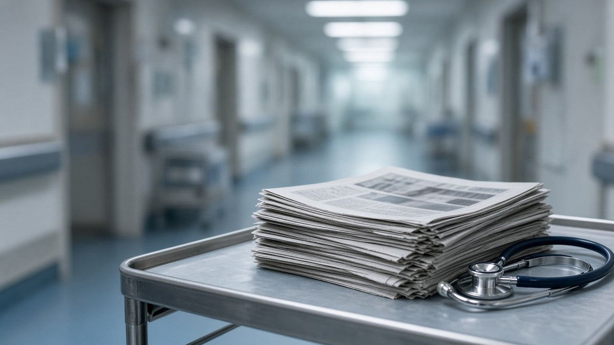 A stack of newspapers on a hospital trolley next to a stethoscope in an empty hospital corridor