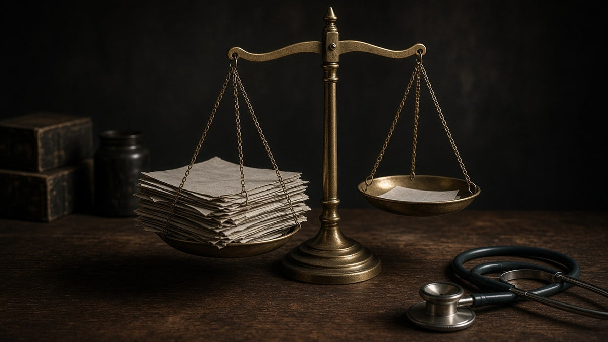 An old brass balance scale on a dark desk, one pan weighed down by a heavy stack of files and the other almost empty, with a stethoscope beside it